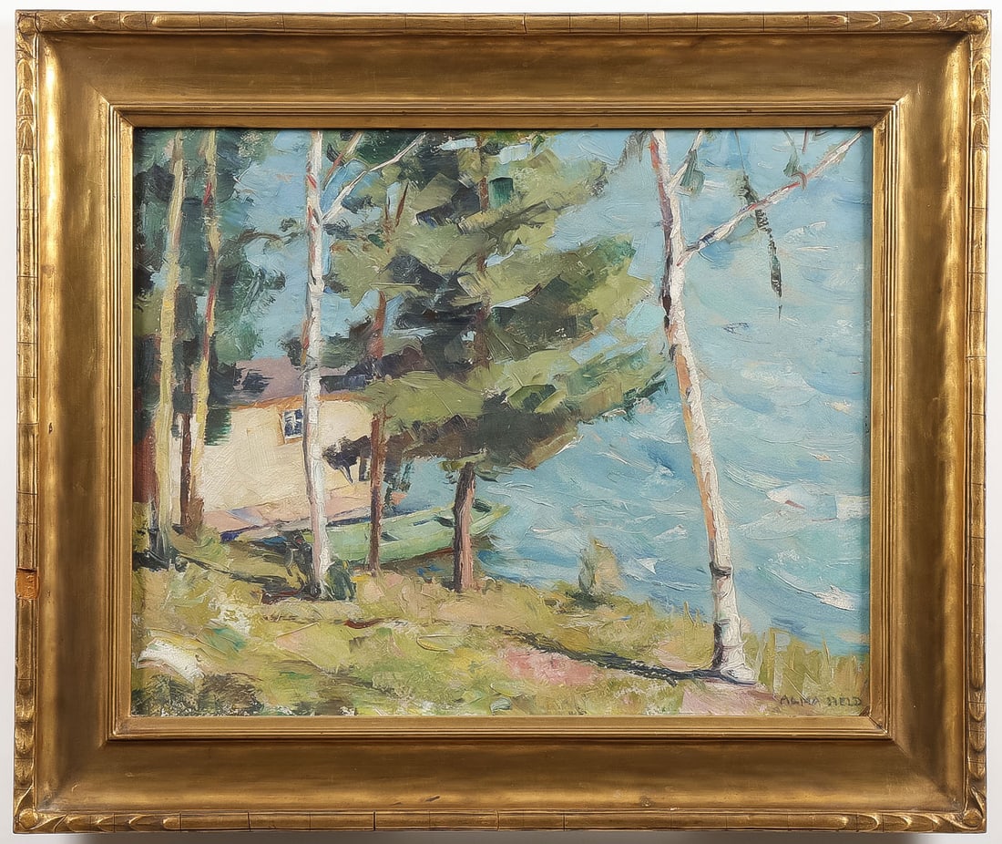 SIGNED AMERICAN IMPRESSIONISTIC LANDSCAPE: ALMA HELD (American 1898 - 1988)Wind Swept Lake Oil on boardSigned lower right and titled on verso15.5 x 19.5 inches. Overall, including period gilt frame 21.5 x 25.5 inchesProven
