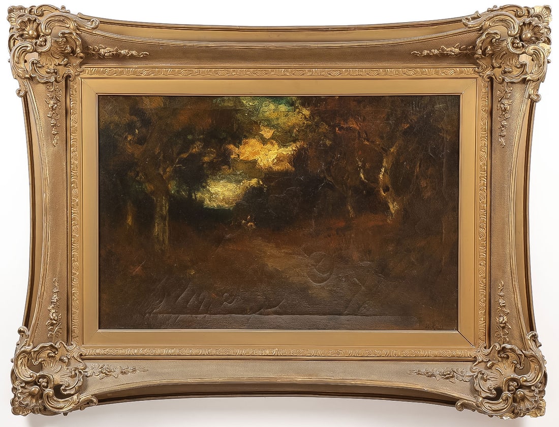 LARGE SIGNED WILLIAM KEITH PAINTING: WILLIAM KEITH (American 1838-1911)Path Through Wooded Landscape with Riders on Horses Oil on canvasSigned lower right "W. Keith" and verso with vintage gallery label of Vickery, Atkins & Torrey, San