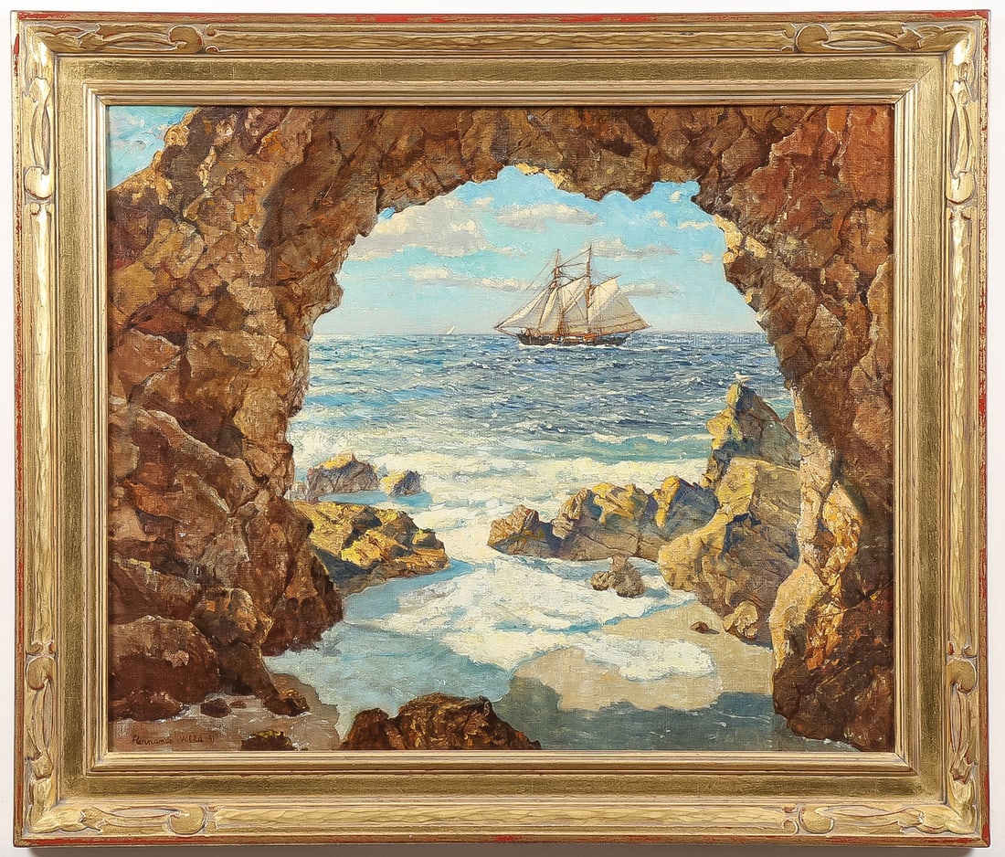 GREAT HERNANDO GONZALLO VILLA PAINTING: HERNANDO GONZALLO VILLA (American 1881-1952) Pirates Cove Oil on canvas Signed lower left 19.75 x 24 inches (50.5 x 61cm). Overall, including frame 25 x 29 inches (63.5 x 73.5cm) Provenance: 
