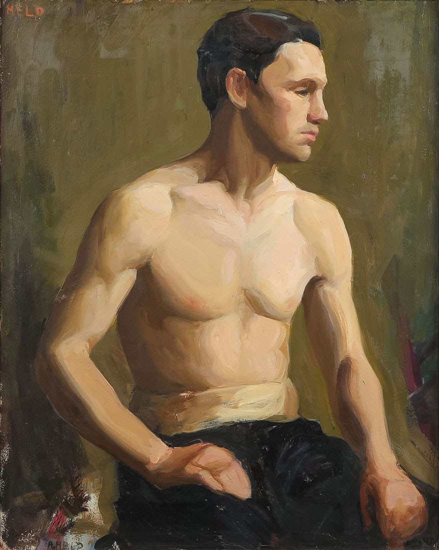 1920'S AMERICAN SIGNED SEMI-NUDE MALE: ALMA HELD (American 1898 - 1988)The Young Athlete -c. 1920'sOil on boardSigned upper and lower left and titled on verso29.75 x 23.5 inches. Overall, including frame 36.25 x 30.5 inches