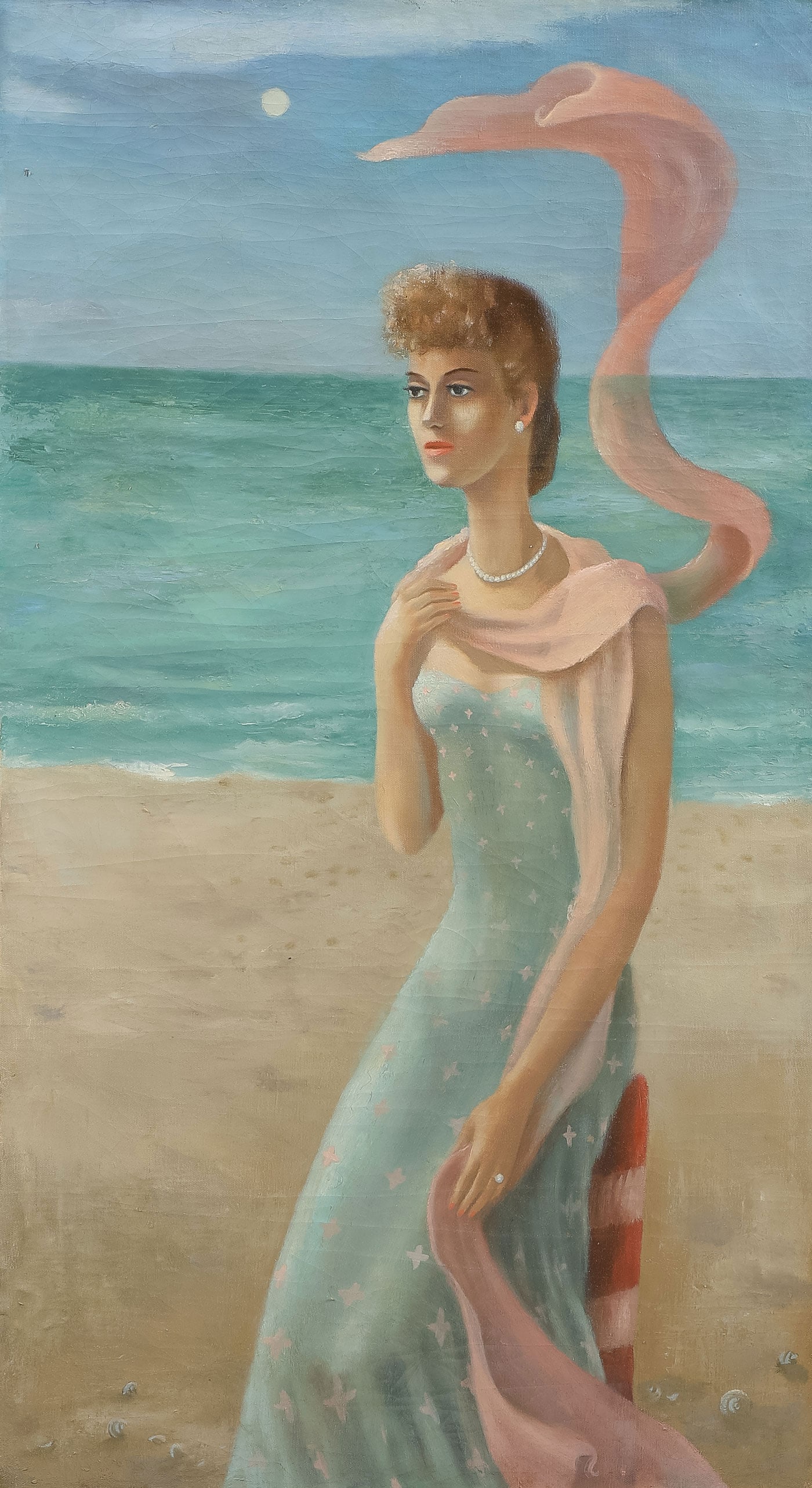 GOOD AMERICAN SURREALIST PAINTING: DOROTHY YOUNG GRAHAM (American 1922 - 2001)Woman on Beach with Windswept Scarf - c. 1950Oil on canvasSigned lower right on tacking edge, and with preliminary pencil sketch35.5 x 20 inches, unframed<