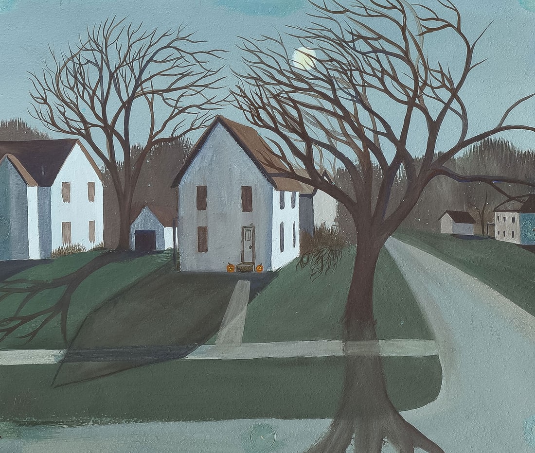 GREAT NOCTURNAL SURREALIST PAINTING: DOROTHY YOUNG GRAHAM (American 1922 - 2001)Halloween Shadows Oil on boardInitialed lowed left with artist stamp on verso8.5 x 10 inches, unframedProvenance: The est