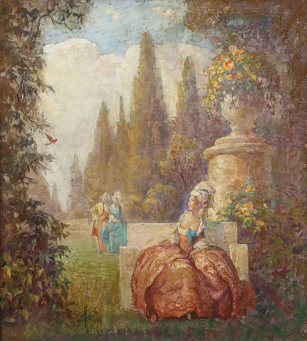 GREAT OTTO E. HAKE OIL DATED 1948: OTTO EUGENE HAKE (American 1876-1965)Elegant Figures in an Expansive Flowering Garden -1948 - perhaps an illustrationOil on boardSigned and dated lower left and titled on verso "Robin Redbreast"18 x