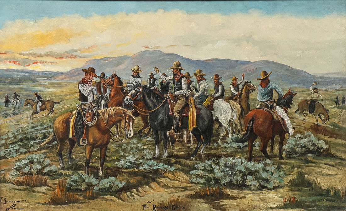 SIGNED AND DATED COWBOY PAINTING, 1916: J.E. SAMPSON (19th/20th century)The Range Boss -1916Oil on canvasTitled lower center and signed and dated lower left "J. E. Simpson 1916"18 x 30 inches. Overall, including frame 23 x 34.5 inches