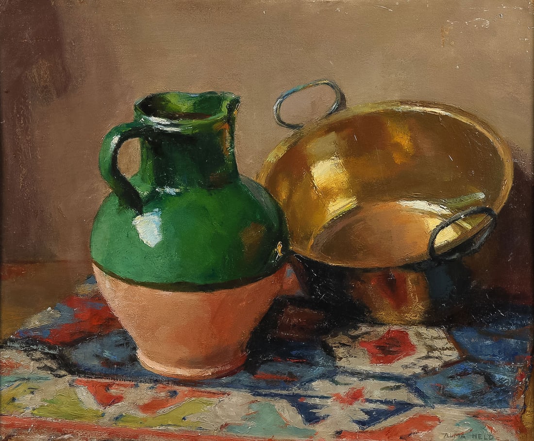 GOOD SIGNED AMERICAN STILL LIFE, C. 1920: ALMA HELD (American 1898 - 1988)Still Life with Brass Bowl, Jug on Oriental Carpet - c.1920Oil on boardSigned lower right and verso with the State University of Iowa School of Fine Arts exhibition l