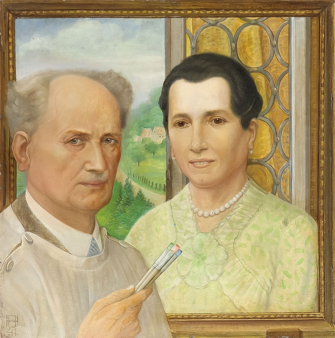 INTERESTING ARTISTS SELF PORTRAIT, 1941: GERMAN SCHOOL (20th century)Artist Self Portrait Holding Brushes in Front of Framed Painting, Presumably of His Wife Oil on boardMonogrammed lower left HB and dated 4117 x 17 inches (43 x 43cm), unfr