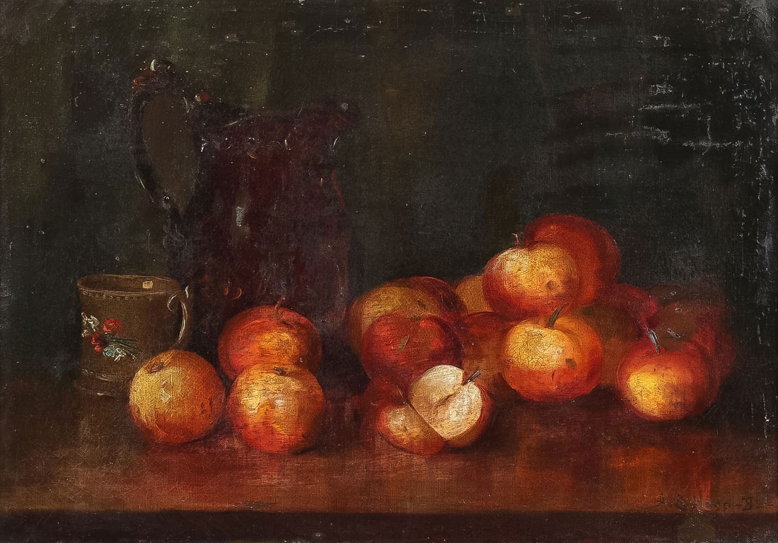 SIGNED & DATED AMERICAN STILL LIFE, 1892: A.E. HOOD (American 19th Century)Still Life with Apples and Jug Oil on canvasSigned and dated lower right "A. E. Hood 92"18 x 26 inches (45.8 x 66cm). Overall, including frame 22 x 29.5 inches (56 x