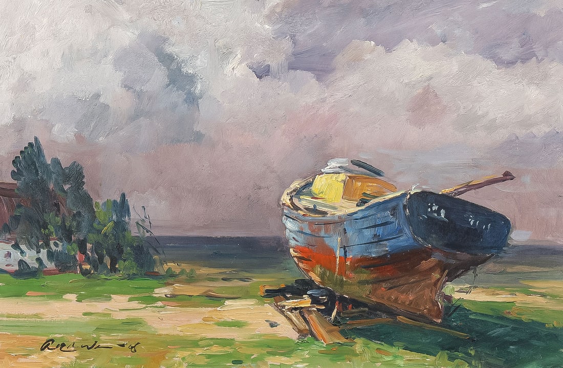 ATTRACTIVE SIGNED GERMAN PAINTING: PAUL ERNST WILKE (German 1894 - 1971)Boat at Drydock Oil on canvasSigned lower left16.75 x 24.25 inches (42.5 x 62.2cm). Overall, including frame 24.75 x 32.75 inches (63.3 x 83.3cm)
