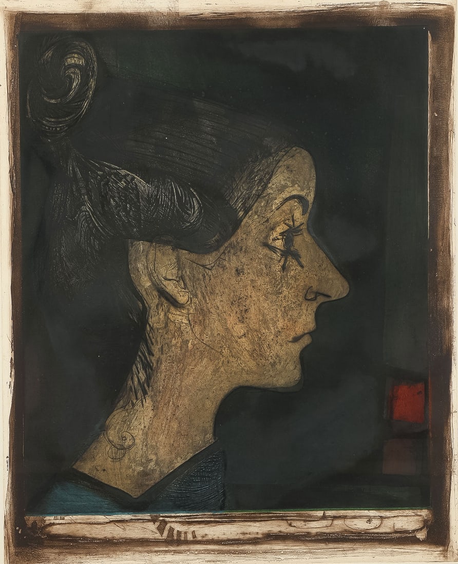 MAURICIO LASANSKY PORTRAIT OF WIFE, 1947: MAURICIO LASANSKY (American 1914-2012) My Wife - 1947 Intaglio aquatint on paper Signed lower right Sight 22.5 x 18.5 inches. Overall, including frame 33 x 28.5 inches SHIPPING NOTICE: If you are