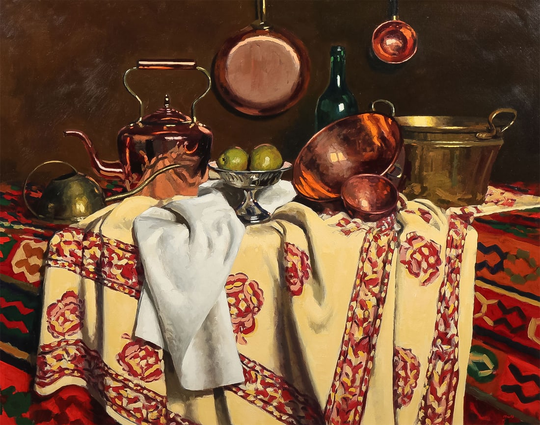 LARGE OIL BY GREGORY STEWART HULL: GREGORY STEWART HULL (American 1950-)Untitled Still Life Oil on canvasApparently unsigned, with Gregory Hull title plaque affixed to frame40.5 x 50.5 inches, overall including frame 45.75 x 56 inches