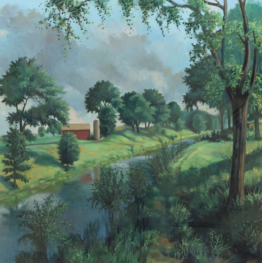LARGE DOROTHY YOUNG GRAHAM FARMSCAPE, 1974: DOROTHY YOUNG GRAHAM (American 1922 - 2001)Summer Wooded Farmscape Along Stream -1974Oil on masoniteSigned and dated lower right42 x 42 inches, unframedProvenance: