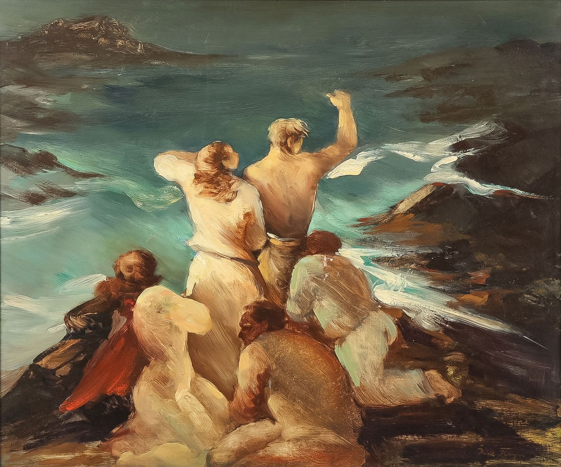 GOOD SIGNED AMERICAN PAINTING HILDE KAYN: HILDE B. KAYN (American 1903-1950)Marooned Oil on MasoniteSigned lower right and verso with illustrated bio20 x 24 inches. Overall, including frame 26.75 x 30.5 inchesSHIPPING NOT