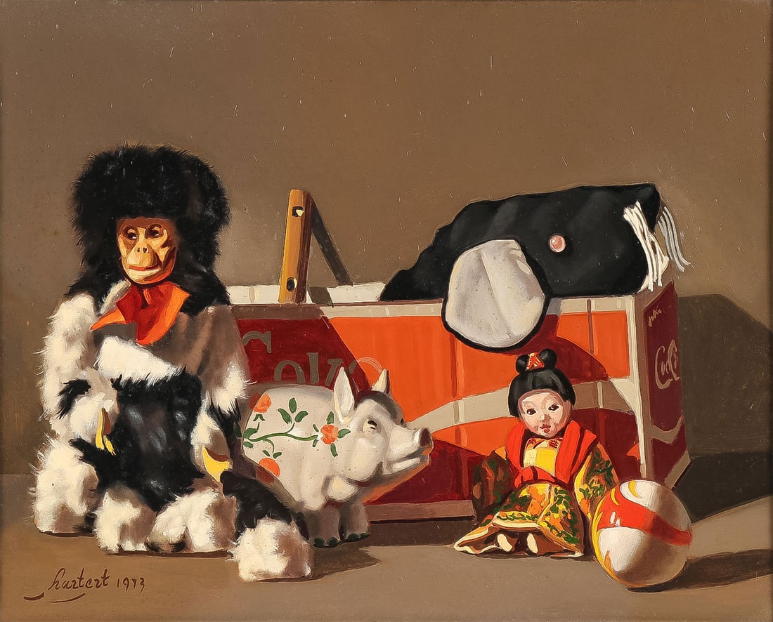 FUNKY 1970'S STILL LIFE: JACK HARTERT (American 1922-1975) Toy Monkey, Piggy Bank, Doll, & Coca-Cola Still Life - 1973Oil on boardSigned and dated 1973 lower left, titled on exhibition label on verso12 x 16 inches (30.5 x 4