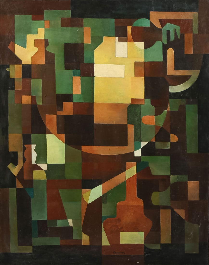 SIGNED AMERICAN ABSTRACT, C. 1930: CHARLES RENNICK (American 20th Century)Illusion of the Physical World Oil on canvasSigned lower right, with title card on stretcher bar and gallery label for Bertha Schaffer Gallery NY36 x 28.5 inche