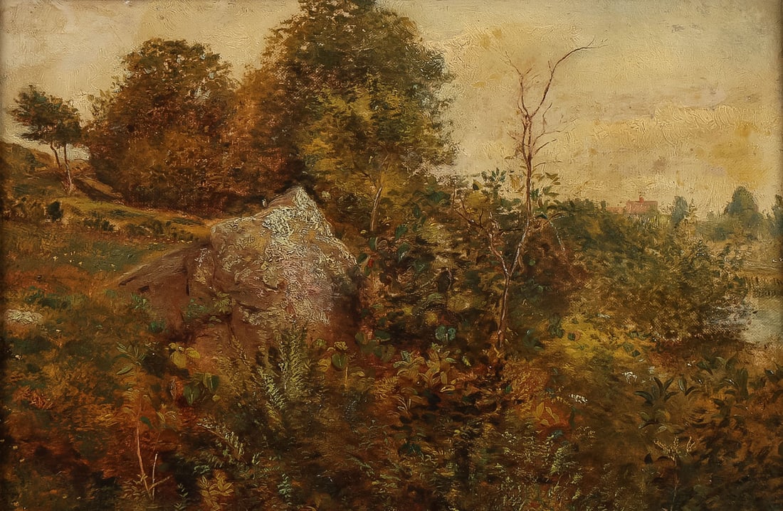19TH C. LANDSCAPE ATTRIBUTED TO WYANT: Attributed to ALEXANDER H. WYANT (American 1836-1892)Summer Landscape with Rocky Outcrop Oil on canvasUnsigned and inscribed Wyant on stretcher10.75 x 15.5 inches. Overall, including gilt frame 19.25
