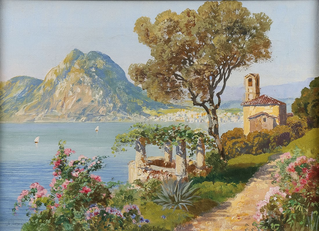 GREAT ALOIS ARNEGGER ITALIAN PAINTING: ALOIS ARNEGGER (Austrian 1879-1963)Italian Coastal Scene Oil on canvasSigned lower left12.25 x 16.5 inches (31 x 42cm), overall including original gilt wood frame 16.5 x 21 inches (42 x 53.5cm)