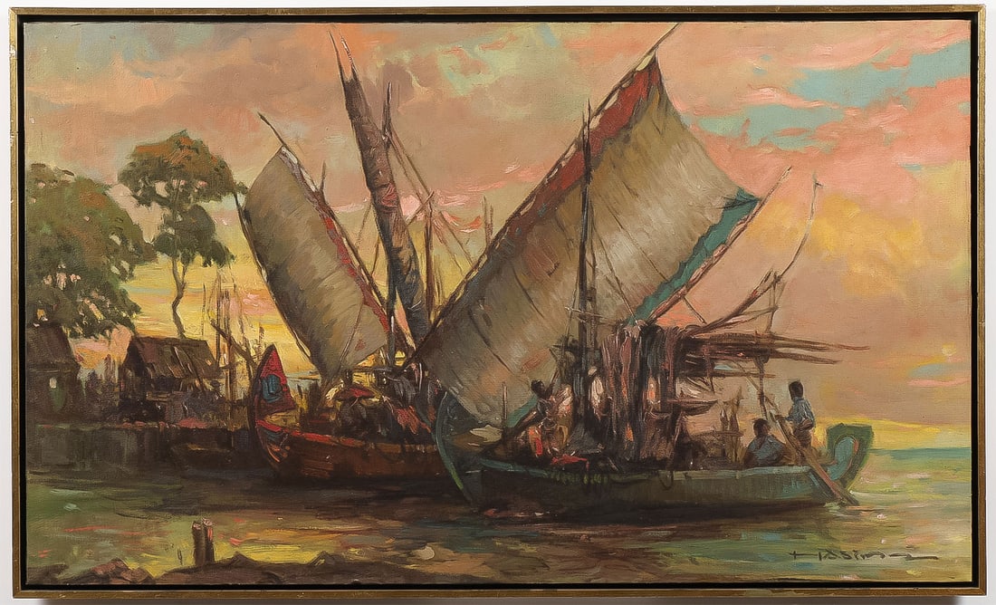 SIGNED INDONESIAN PAINTING: A. HASIM (Jakarta 1921-1982)Sumatra Twilight Scene with Boats at Dock Oil on canvasSigned lower right20 x 33.5 inches (51 x 85.5cm). Overall, including frame 21 x 34.5 inches (53.3 x 87.6cm)