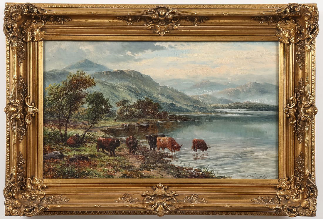 GREAT SIGNED SCOTTISH HIGHLAND PAINTING: WILLIAM LANGLEY (English 1852-1922)Cattle Watering in a Scottish Highland Loch Oil on canvasSigned lower right "William Langley"12 x 20 inches (30.5 x 51cm). Overall, including vintage press molded g