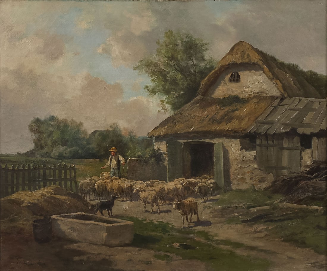 SIGNED FRENCH FARMYARD SCENE, 19TH C: CLEMENT CHARLES HENRI QUINTON (French 1851-1920)Moving Sheep - circa 1890Oil on canvasSigned lower left Clement Quinton21.5 x 25.75 inches (54.6 x 65.4cm). Overall, including ornate frame 36 x 40 inc