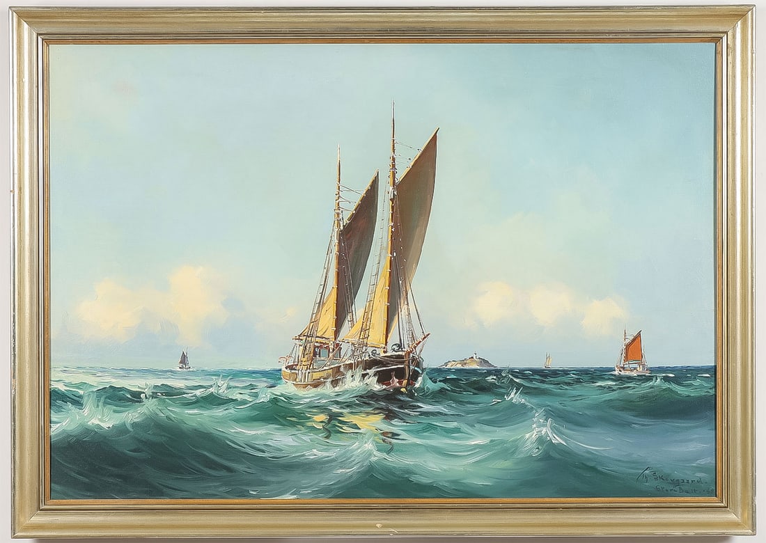FINE SIGNED DANISH MARINE PAINTING: THEODOR SKOVGAARD (Danish 1913-1993)Sailing Ships Oil on canvasSigned and dated lower right 196026 x 38 inches (66 x 97cm) overall including frame 29.5 x 41.5 inches (75 x 104cm)S