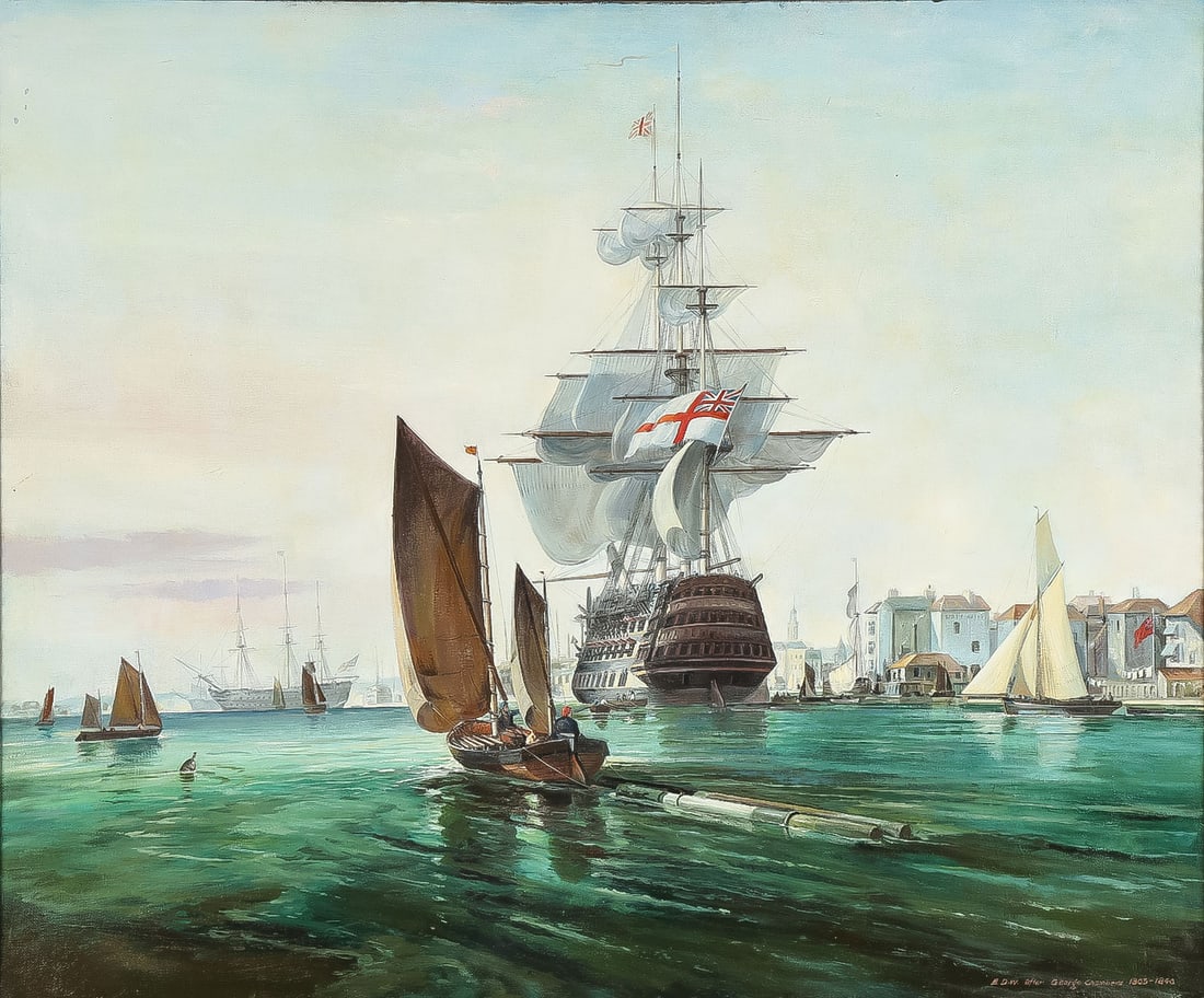 BRITISH PAINTING OF HMS BRITANNIA: After GEORGE CHAMBERS (British 1803-1840)HMS Britannia Entering Portsmouth Oil on canvasSigned lower right "EDW After George Chambers 1803-1840"25 x 29.75 inches (63.4 x 75.9cm). Overall, including f