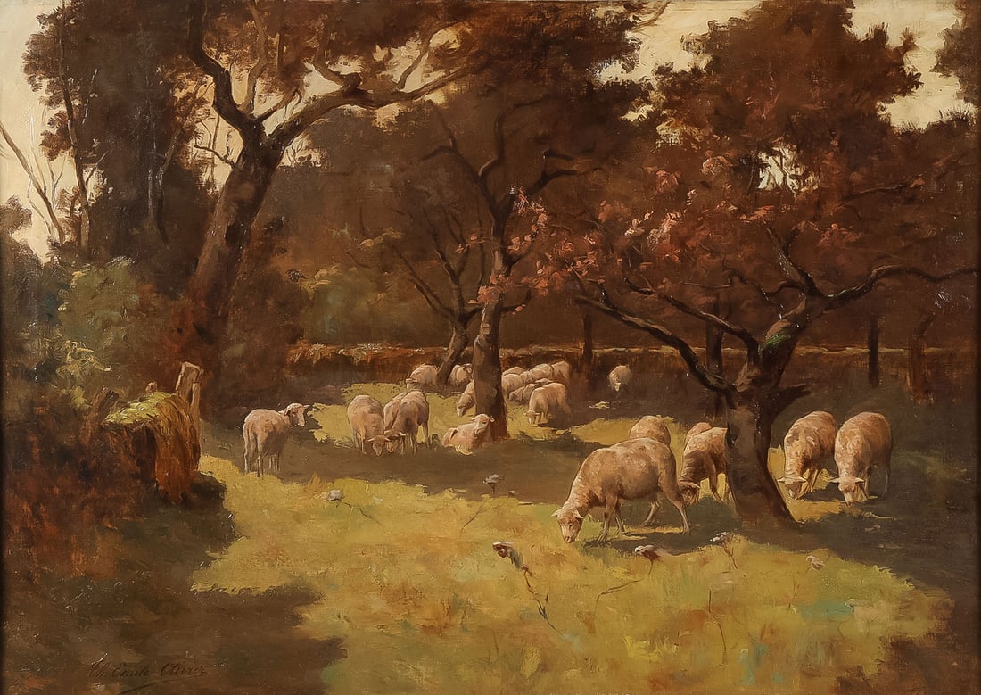 LARGE LOVELY SIGNED FRENCH PAINTING, C. 1890: CHARLES EMILE OLIVIER (19th Century)Sheep Grazing in a Wooded Pasture Oil on canvasSigned lower left24 x 42.5 inches (61 x 107.3cm). Overall, including frame 38 x 56 inches (96.5 x 142.3cm)