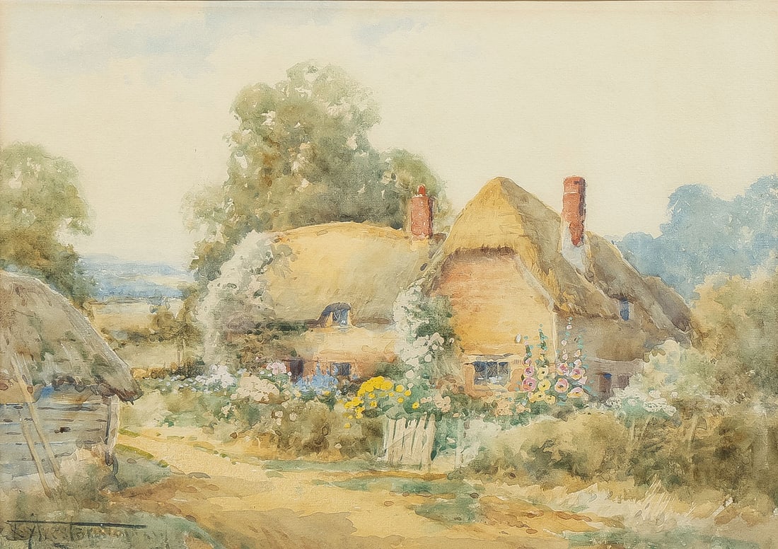 19TH CENTURY SIGNED BRITISH WATERCOLOR: BRITISH SCHOOL (19th century) A Country Cottage in Full Bloom Watercolor on paper Signed indistinctly lower left 10 inches x 14 inches (25.4 x 35.5 cm). Overall, contained in a glazed frame