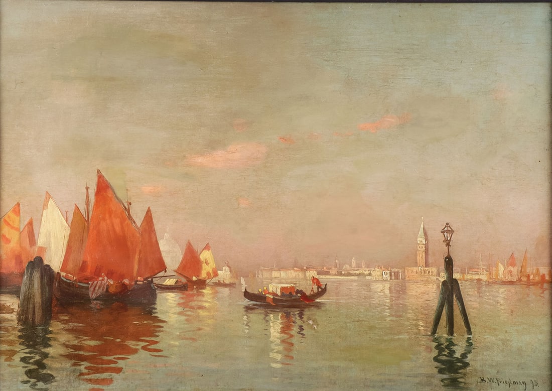 SIGNED 19TH C. PAINTING GRAND CANAL VENICE: BERTRAM W. PRIESTMAN (English 1868-1951) The Grand Canal-Venice - 1893 Oil on canvas Signed and dated lower right "1893" 18 x 26.25 inches (45.75 x 66.75cm), overall including frame 23 x 30.5 inches