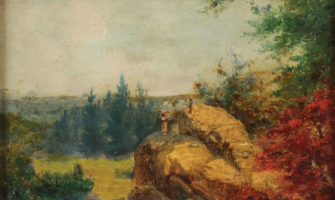 SIGNED AMERICAN FALL LANDSCAPE: PETER COMANDINI (American 1860-1935)Rocky Landscape Oil on canvasSigned lower right5 inches x 8.25 inches, overall including frame 8.75 x 11.75 inchesSHIPPING NOTICE: