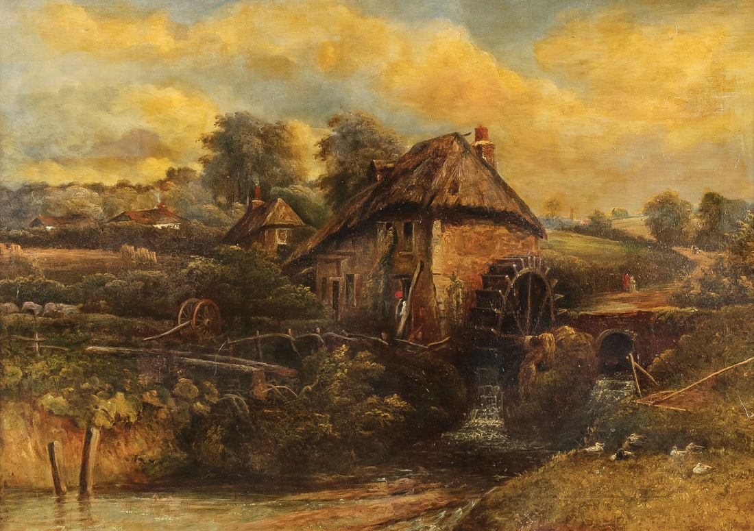 BEAUTIFUL ENGLISH LANDSCAPE PAINTING, 19TH C: Attributed to FREDERICK W. WATTS (English 1800-1870)Landscape with Mill Oil on canvasApparently unsigned26 x 36 inches (66 x 91.5cm), overall including frame 29 x 39.25 inches (73.5 x 99.75cm)<