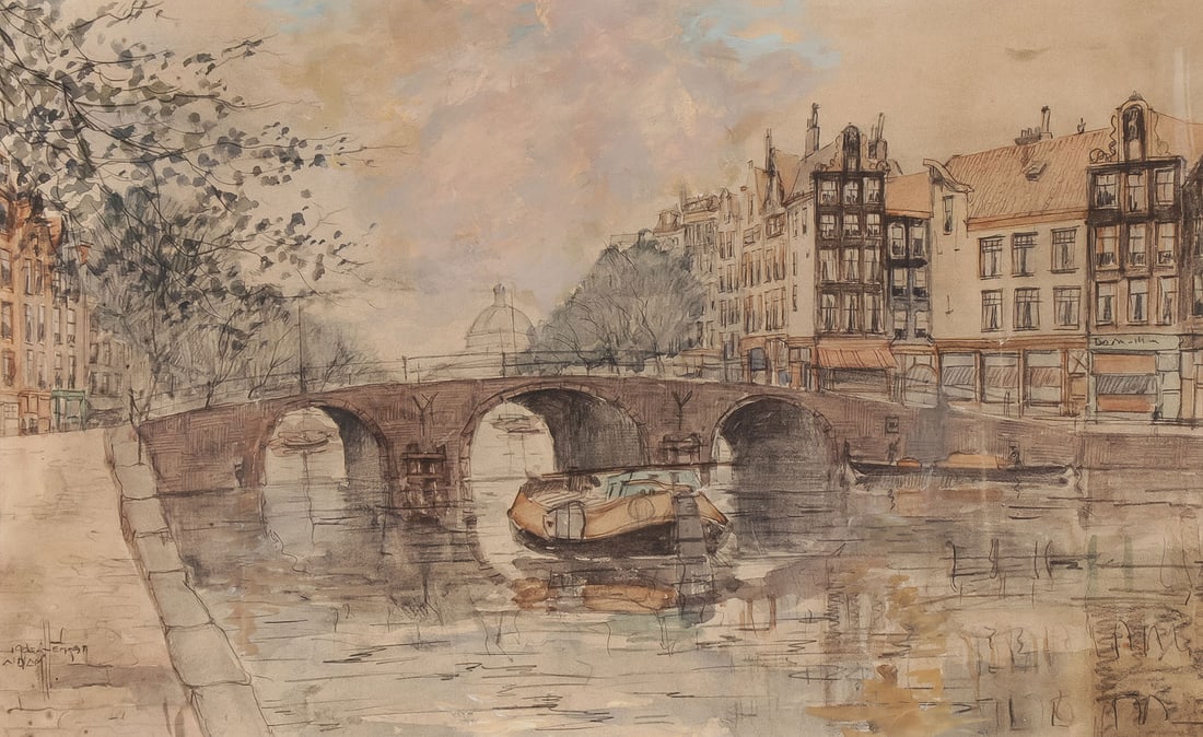 SIGNED DUTCH CANAL SCENE PAINTING: JOHANNES G DEN HENGST (Dutch 1904-1982)Canal Scene Watercolor on paper mounted on boardSigned lower left12 x 18 inches (30.5 x 45.75cm), overall contained in glazed frame measuring 24 x 32 inches (61