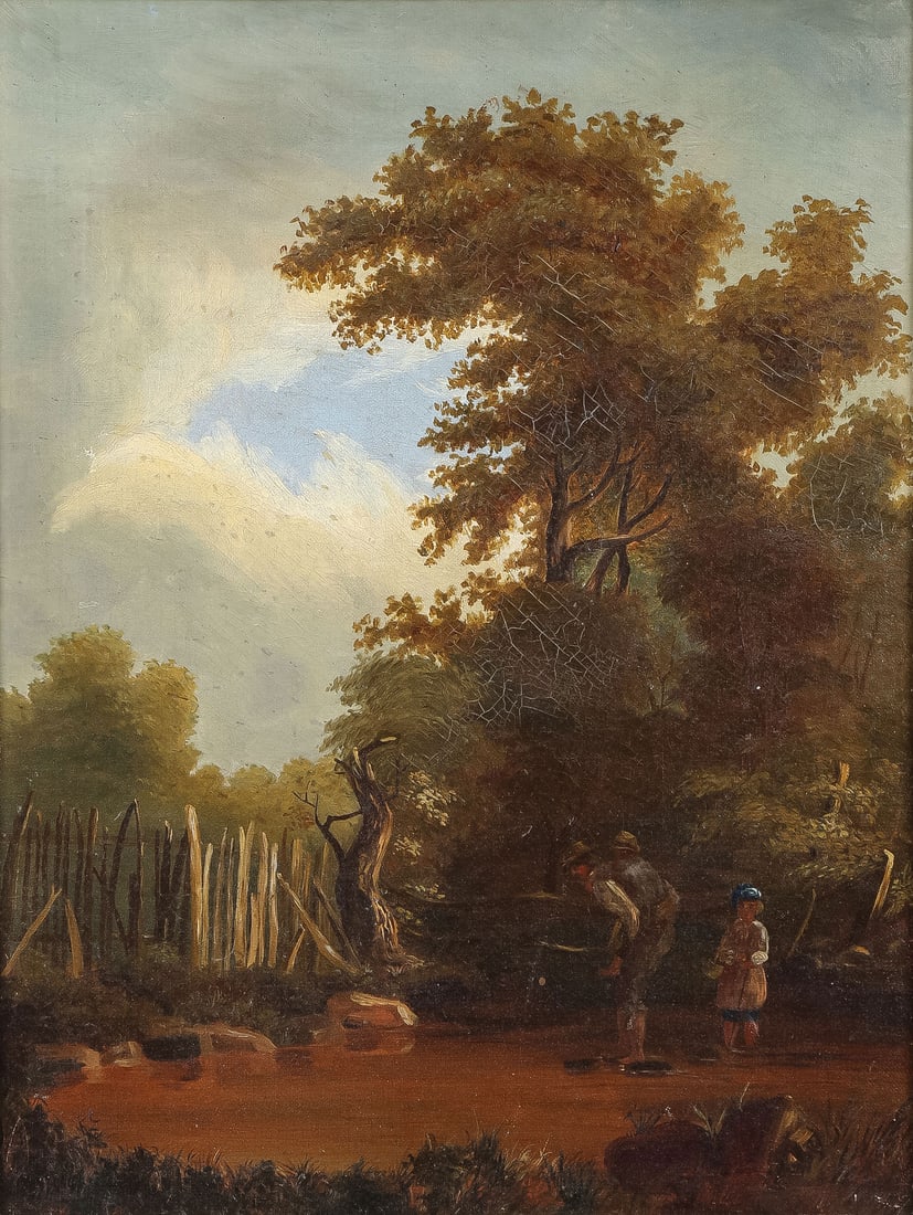 EUROPEAN OIL PAINTING, CIRCA 1850: EUROPEAN SCHOOL (19th Century)Figures Crossing Stream in Wooded Landscape - circa 1850Oil on canvasApparently unsigned, stretcher with extensive inscriptions17.5 x 13.5 inches (44.5 x 34.1cm). Overa