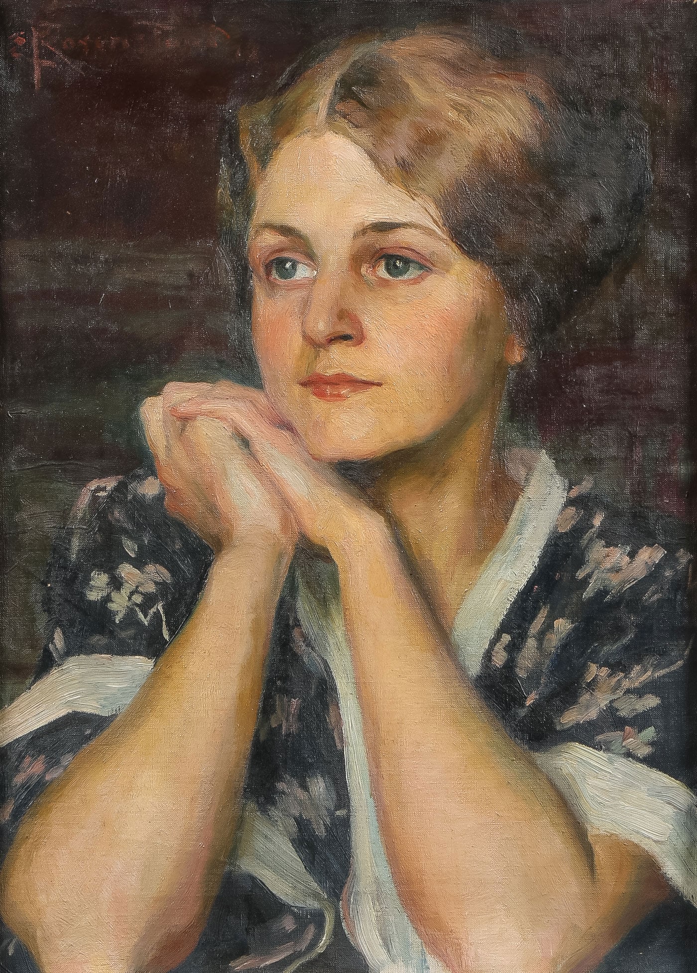 ATTRACTIVE SIGNED PORTRAIT, C. 1920: EMIL CHRISTIAN ROSENSTAND (German 1859-1932) Portrait of a Beautiful Young Woman in Thought - c. 1920 Oil on canvas Signed upper left "E. Rosenstand" 18.25 x 14 inches (46.2 x 35.5cm). Overall,