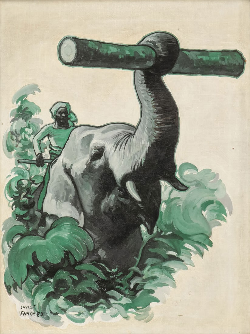 SIGNED ILLUSTRATION PAINTING: LOUIS FANCHER (American 1910-1994) Illustration of Working Elephant Oil on canvas Signed lower left 24 x 18 inches (61 x 445.75cm), overall including frame 28.5 x 22.5 inches (72.5 x 57.25cm) 