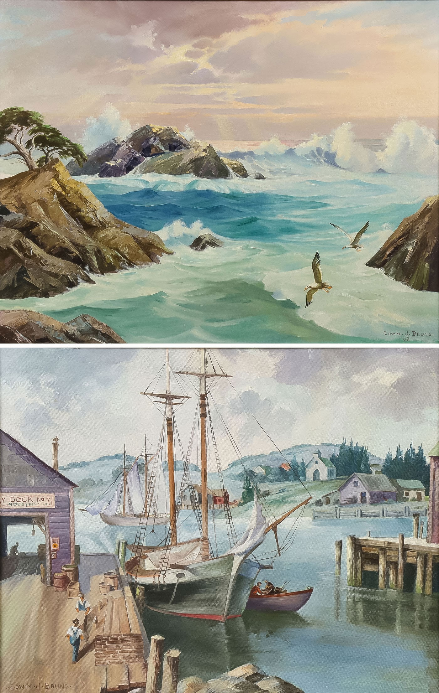A PAIR OF SIGNED PAINTINGS BY ED BRUNS: EDWIN JOHN BRUNS (American 1899-1970)Rockport Maine (1946) and a Seascape (1962) - a pair of paintingsBoth oil on canvas boardBoth signed in lower corners, both signed and dated on verso and one tit