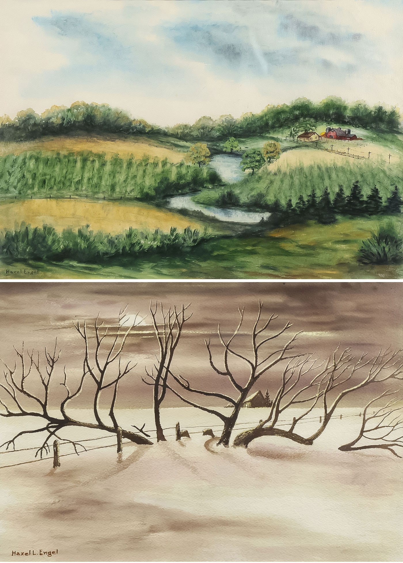 PR INTERESTING SIGNED REGIONALIST LANDSCAPES: PR INTERESTING SIGNED REGIONALIST LANDSCAPES. Comprising a pair of interesting Regionalist watercolors on paper, including a bucolic Iowa farmscape and a desolate winter nocturnal landscape by Hazel