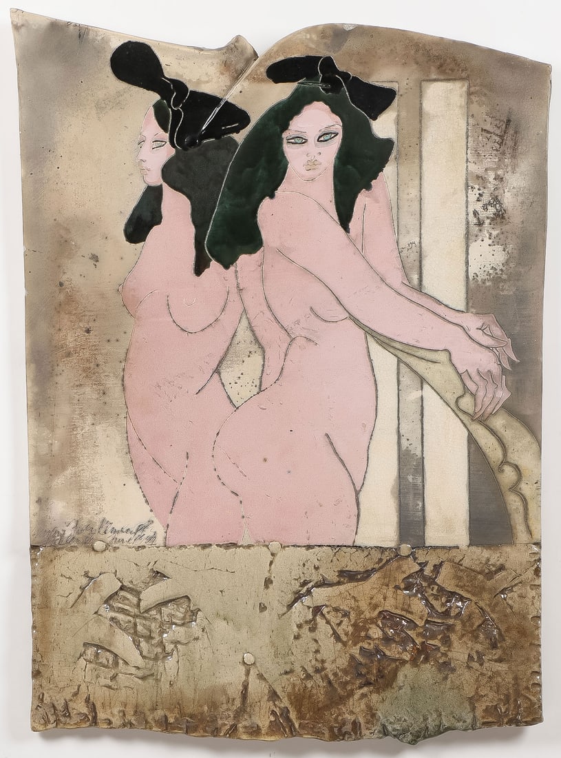 LARGE MODERN CERAMIC NUDES PLAQUE, 1982: LARGE MODERN CERAMIC NUDES PLAQUE, 1982 Comprising a large and impressive raku stoneware ceramic plaque by Susan (b. 1941-) and Steven (b. 1943-) Kemenyffy depicting two female nudes, the etched ceram