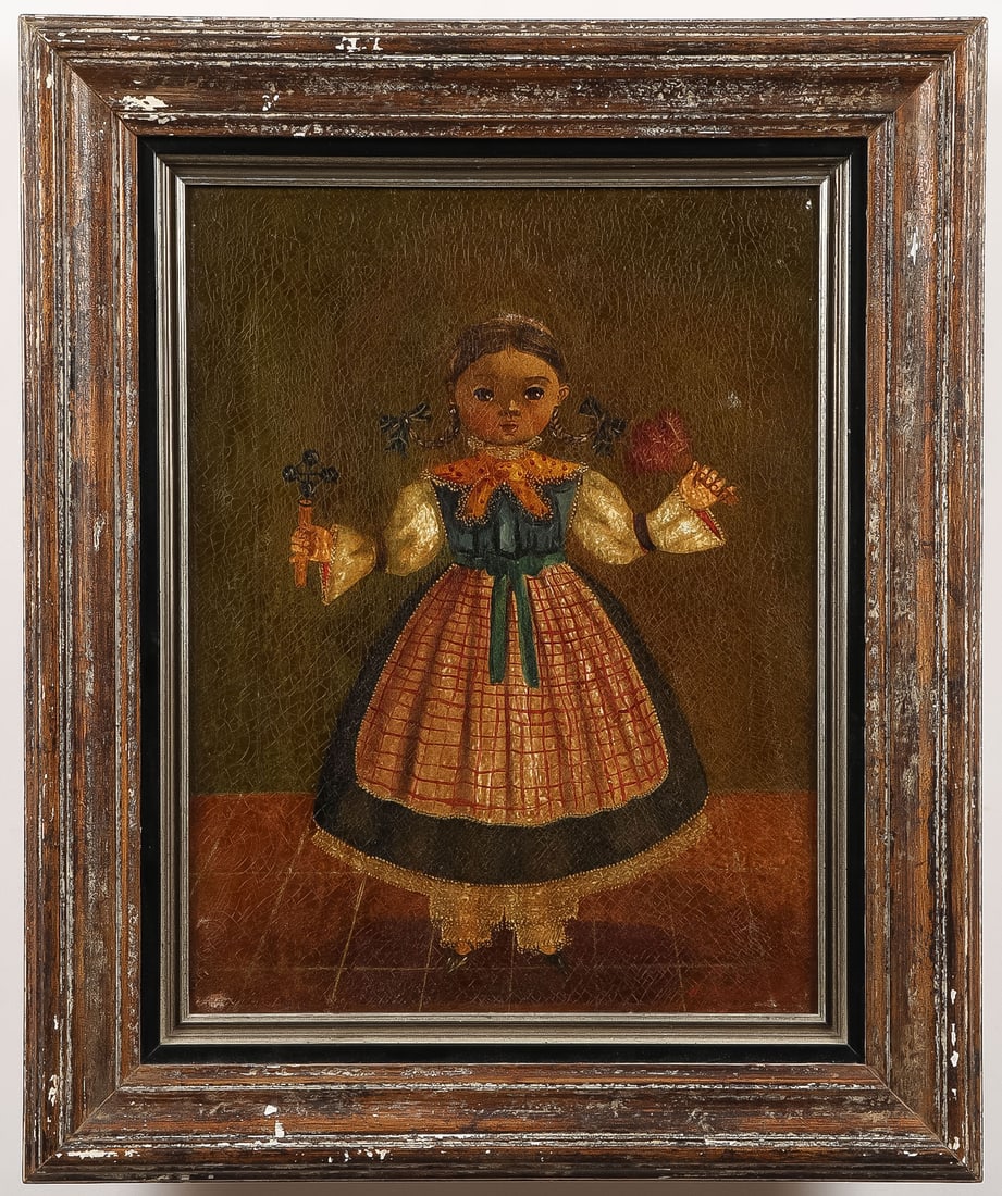 CHARMING SIGNED MEXICAN PAINTING, C. 1965: AGAPITO LABIOS (Mexico 1898 - 1996)Girl in Blue Dress Holding Spinning Toys Oil on canvasSigned lower right A. Labios, with Bresler Galleries, Inc. label on verso dated APR 21, 196516.75 x 12.75 inch