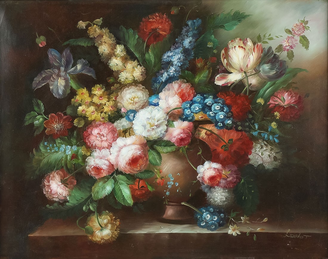 DUTCH OLD MASTER STYLE FLORAL STILL LIFE: CONTINENTAL SCHOOL (2nd half 20th century)Floral Still Life Oil on canvasSigned lower right L Earnest28 x 36 inches (70.8 x 91.44cm). Overall, including frame 34.75 x 41.75 inches (88 x 106cm)<