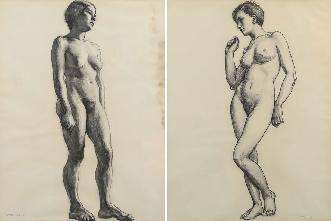 PR GREAT 1920'S ANATOMY DRAWINGS: PR GREAT 1920'S ANATOMY DRAWINGS. Comprising a good pair of academy anatomy charcoal on paper drawings of standing female nudes by noted Iowa artist Alma Held (American, 1898-1988), each signed and on