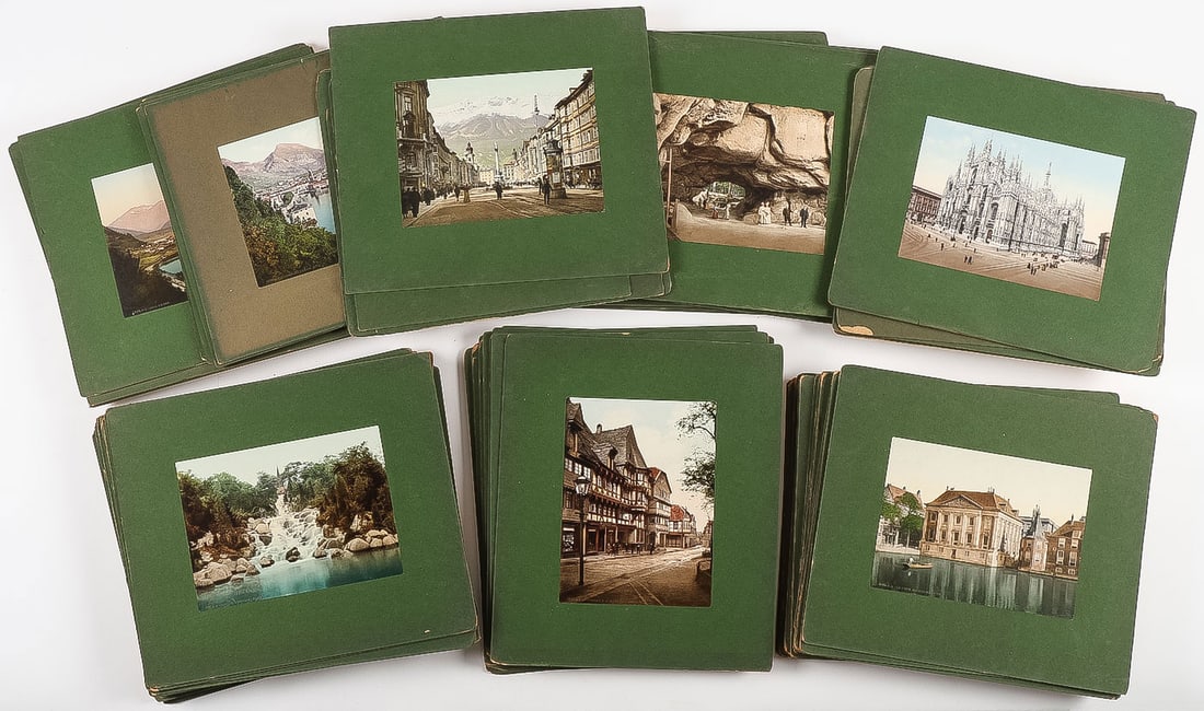 OVER 100 VINTAGE GERMAN PHOTOCHROMES, C. 1900: OVER 100 VINTAGE GERMAN PHOTOCHROMES, C. 1900. Comprising a great group of over 100 photochromes, each on its original green mounting card, featuring mostly famous German city views. Each identified w