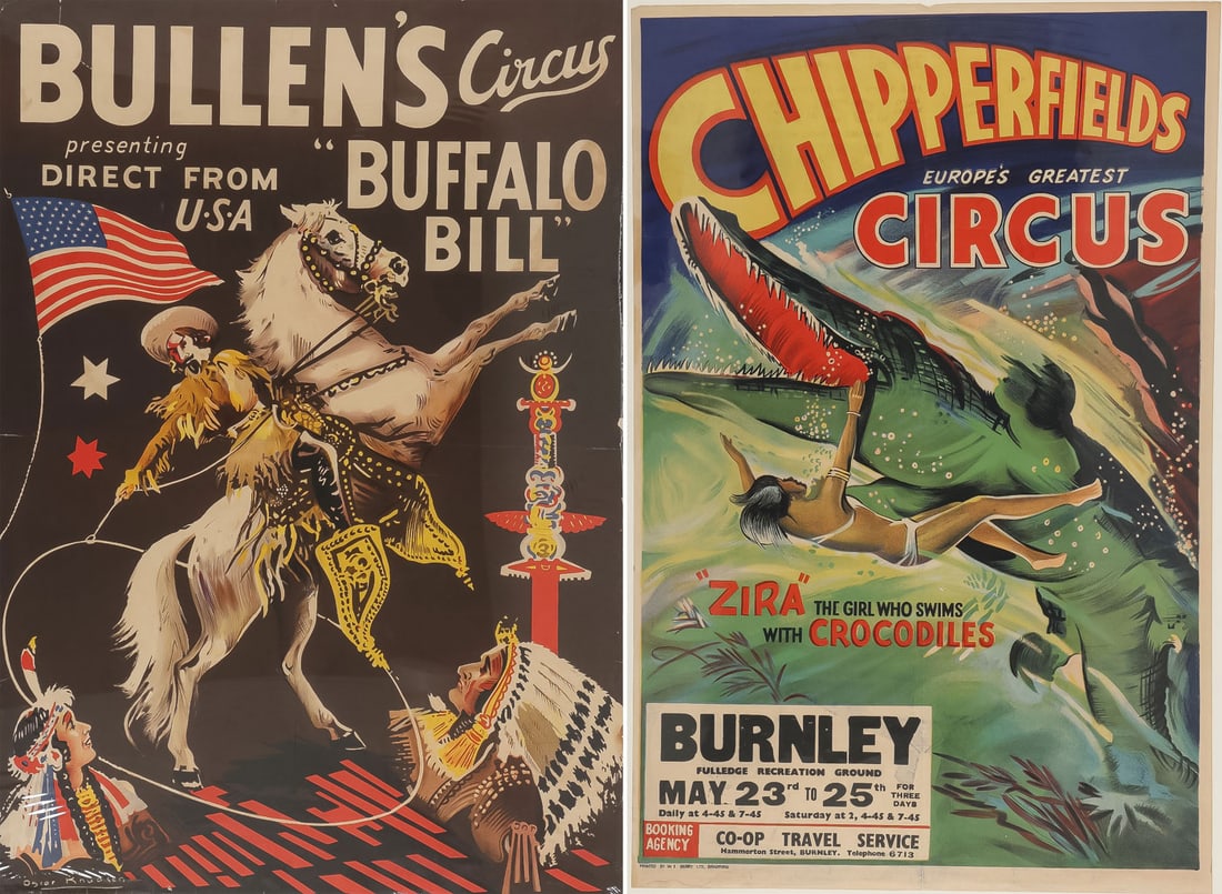 PAIR OF GREAT VINTAGE CIRCUS POSTERS: PAIR OF GREAT VINTAGE CIRCUS POSTERS. Comprising a large "Bullen's Circus - Buffalo Bill" color lithograph poster by Oscar Knudsen (1898-1971), size 41 x 29 inches (unframed). Together with a "Chipper