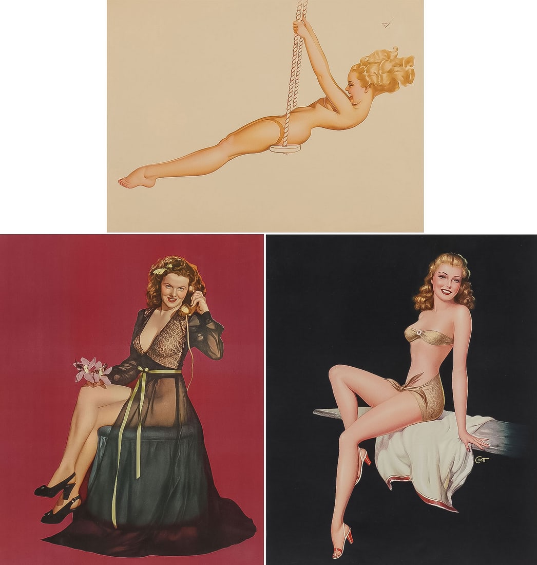 MARILYN MONROE & OTHER VINTAGE PIN UPS: MARILYN MONROE & OTHER VINTAGE PIN UPS. Comprising an early (1948) color lithograph pinup of Marilyn Monroe in a sheer nightgown holding flowers and a phone, full sheet size 25 x 21 inches (unframed).