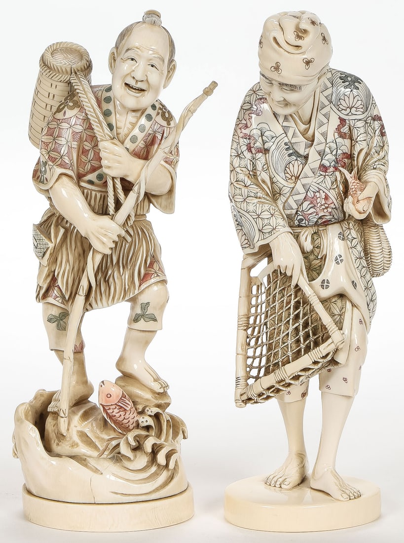 PR FINE JAPANESE CARVED OKIMONO, MEIJI: PR FINE JAPANESE CARVED OKIMONO, MEIJI. Comprising an excellent pair, both modeled as fishermen, each carved in full round with good anatomy and proportions, tinted accents, and extensively incised de