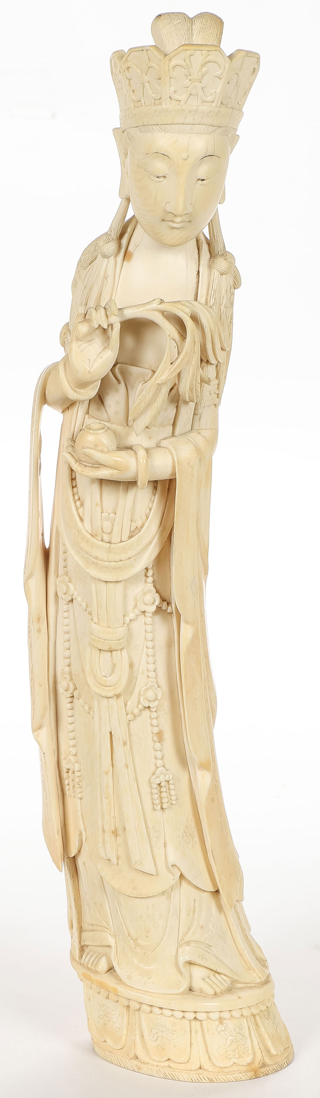 LARGE CHINESE CARVED GUANYIN, QING: LARGE CHINESE CARVED GUANYIN, QING. Finely carved in full round with long flowing robes and ornate headdress. Height 14 inches (35.8cm). NO INTERNATIONAL SHIPPING, and shipping restrictions to some st