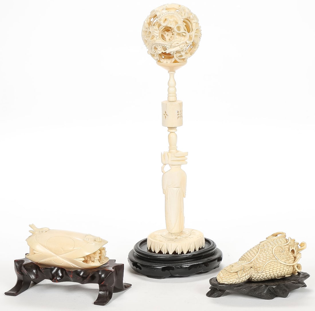 THREE ASIAN CARVED OBJECTS, 19TH C - 2