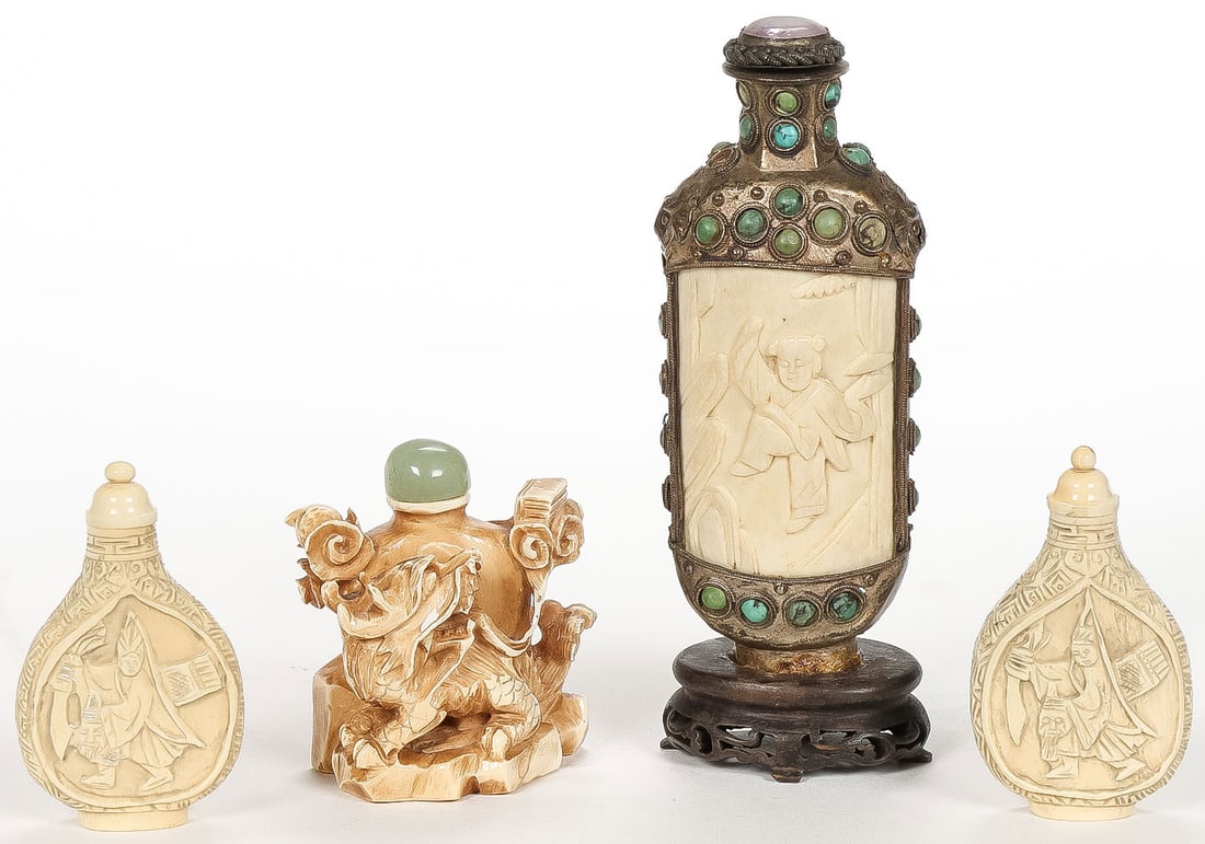 CHINESE CARVED SNUFF BOTTLES: CHINESE CARVED SNUFF BOTTLES. One example mounted in metal frame, embellished with turquoise cabochons, and the cap set with a polished amethyst. Together with two smaller matching examples, carved on