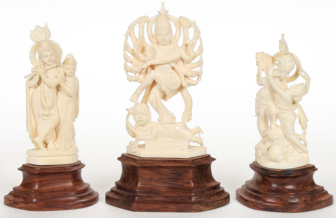 THREE FINELY CARVED FIGURES, INDIA, C. 1950: THREE FINELY CARVED FIGURES, INDIA, C. 1950. Comprising three individually carved figural groupings. Including at center a figure of Shiva as Nataraja, the Hindu god of dance. On the left a figure of