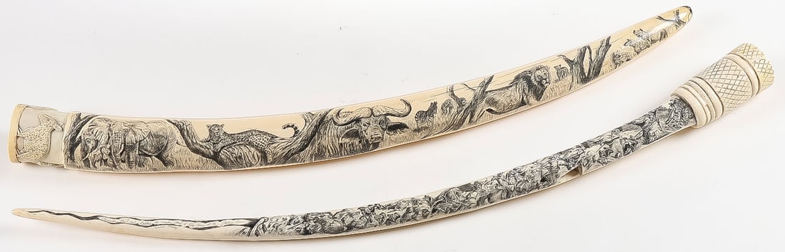PAIR OF FINELY SCRIMSHAWED TUSKS: PAIR OF FINELY SCRIMSHAWED TUSKS. Comprising a pair of finely scrimshawed tusks, including a long narrow example finely and extensively scrimshawed with an expansive depiction of the Battle of Hydaspe