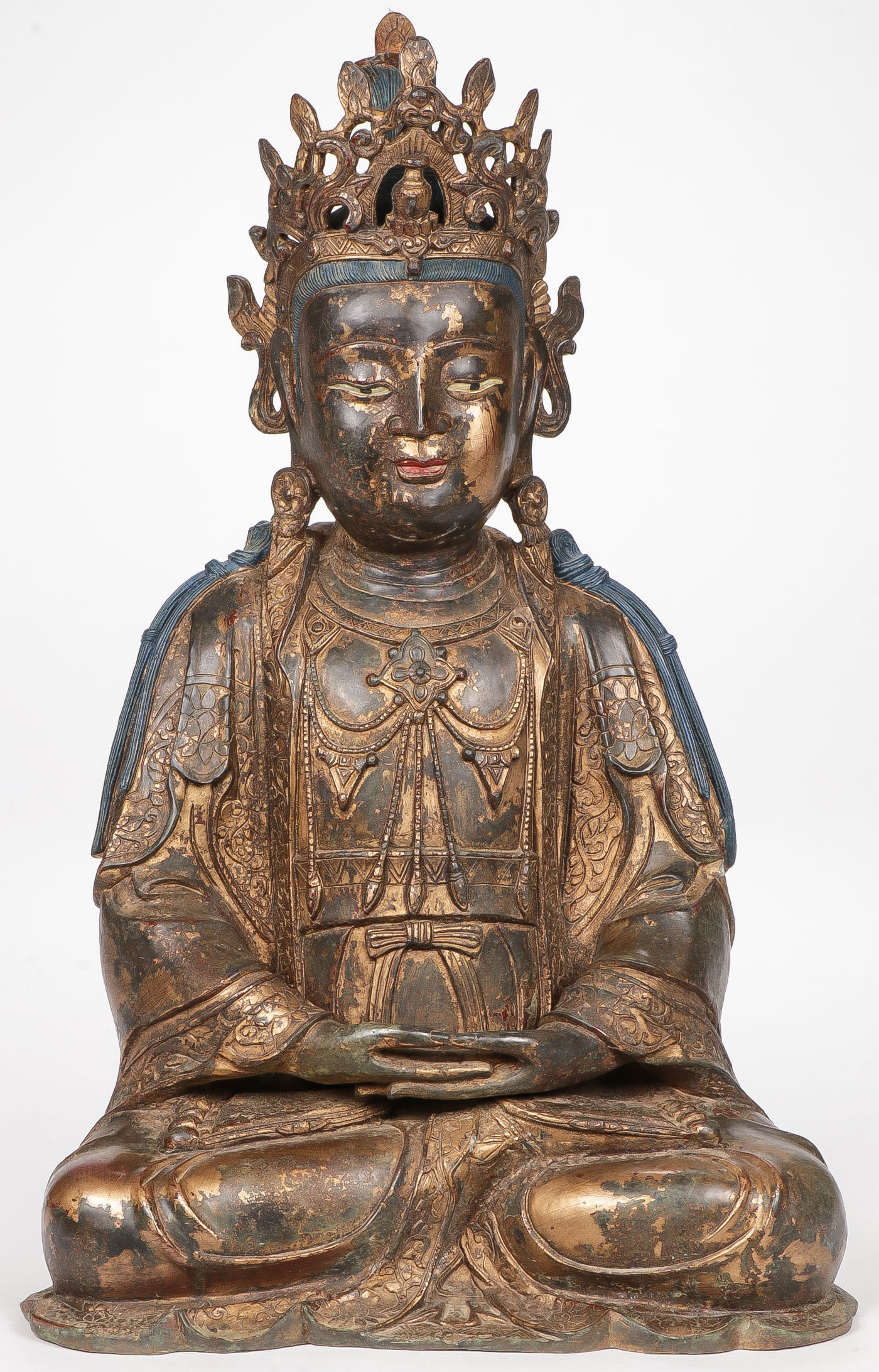 GILT BRONZE & POLYCHROME BUDDHA: GILT BRONZE & POLYCHROME BUDDHA. Comprising a large and impressive partial gilt seated Buddha with traces of polychrome and with fine detailing throughout. Height 22.5 inches (57.5cm). NO RESERVE.SHIP